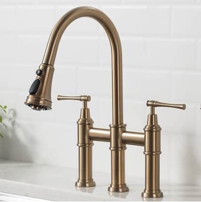 Kraus Allyne Transitional Bridge Kitchen Faucet with Pull-down Sprayhead - Brushed Gold