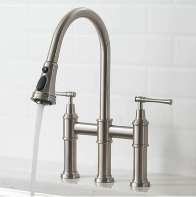 Kraus Allyne Transitional Bridge Kitchen Faucet with Pull-down Sprayhead in Spot Free - Stainless...