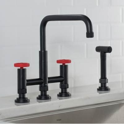 Kraus Urbixe Industrial Bridge Kitchen Faucet with Side Sprayer in Matte Black/red - Matte Black Red