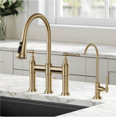 Kraus Allyne Transitional Bridge Kitchen Faucet and Water Filter Faucet Combo - Brushed Gold