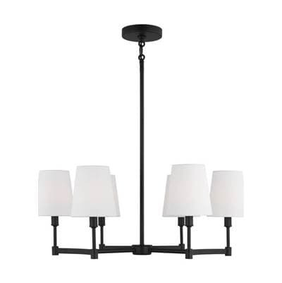 Chatfield Traditional 6-Light Indoor Dimmable Ceiling Chandelier Pendant Light In Midnight Black Finish With White Linen Fabric Shades