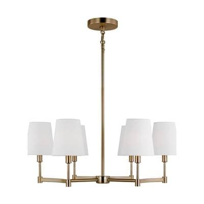 Chatfield Traditional 6-Light Indoor Dimmable Ceiling Chandelier Pendant Light In Satin Brass Gold Finish With White Linen Fabric Shades